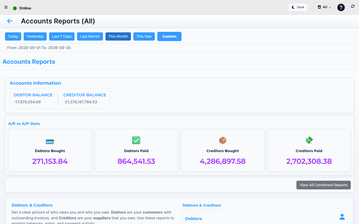 Lytning Analytics Accounts Reports screen — debtor and supplier balances.