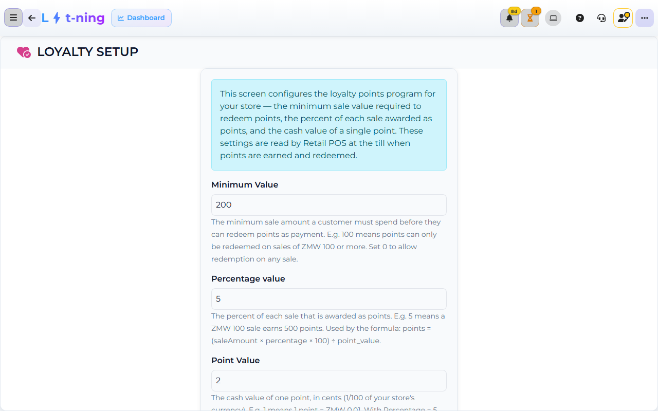 Core App Loyalty Setup screen — where loyalty points are configured.