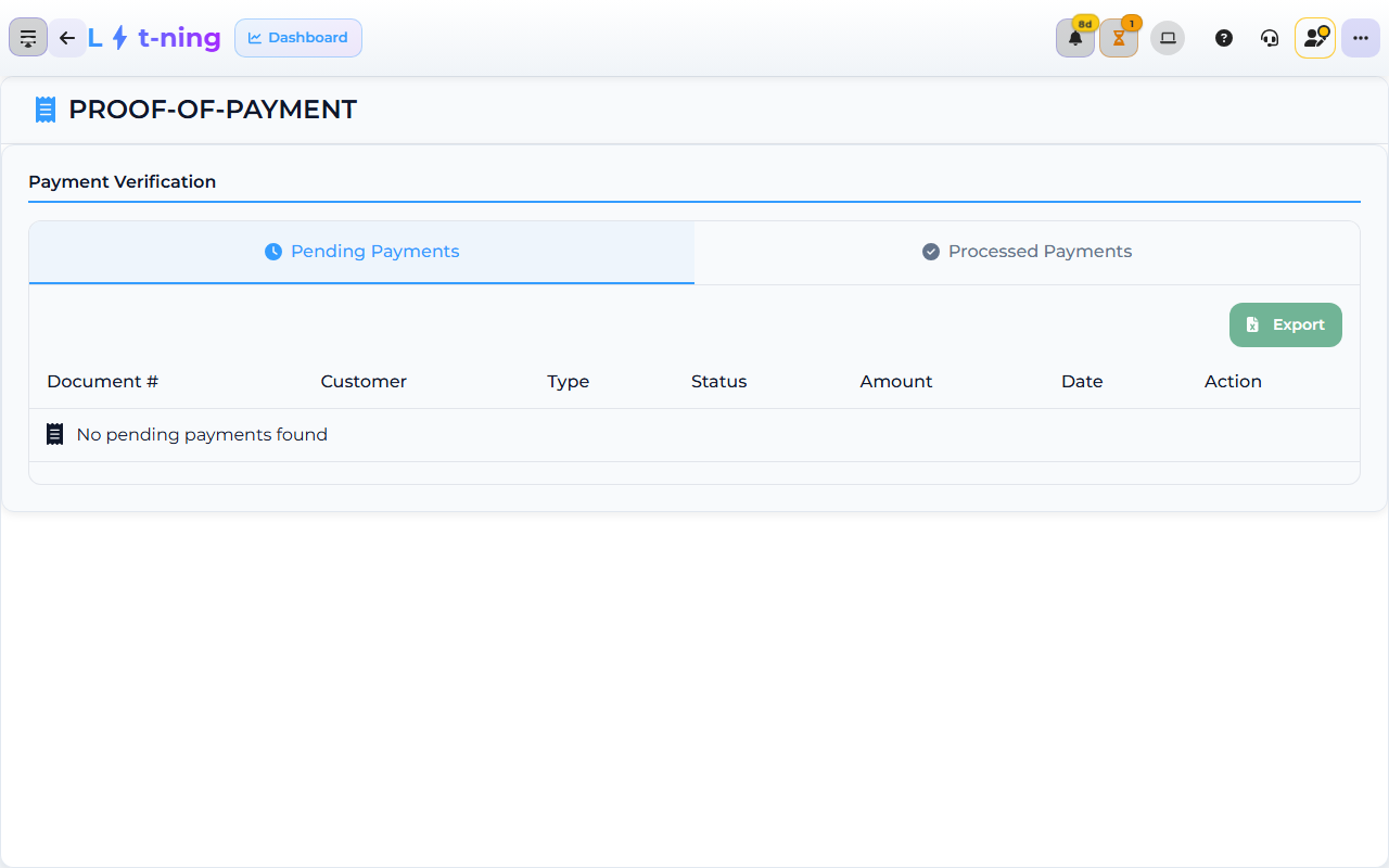Core App Proof-Of-Payment screen — a customer proof of payment is recorded here.