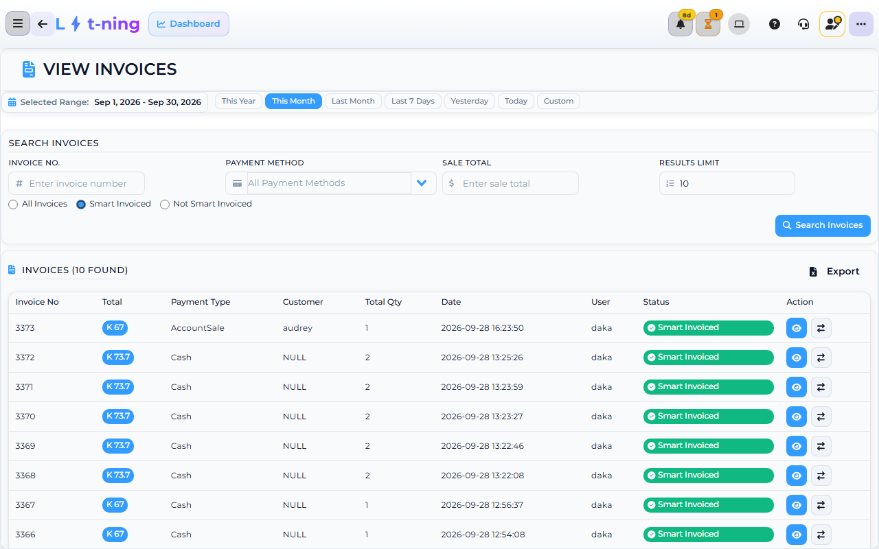 Core App invoice history — where a previous sale is opened to refund a line.