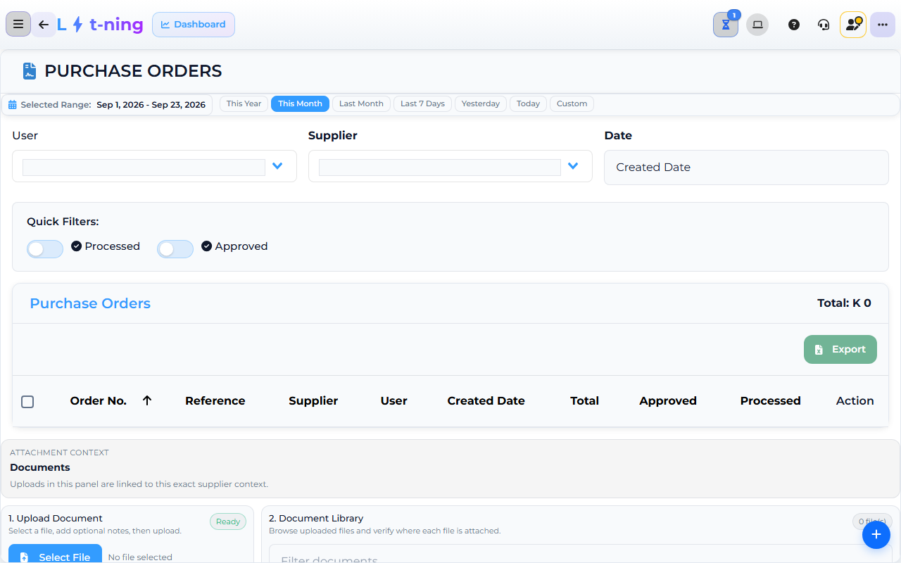 Core App Purchase Orders screen — the record a supplier document is attached to.