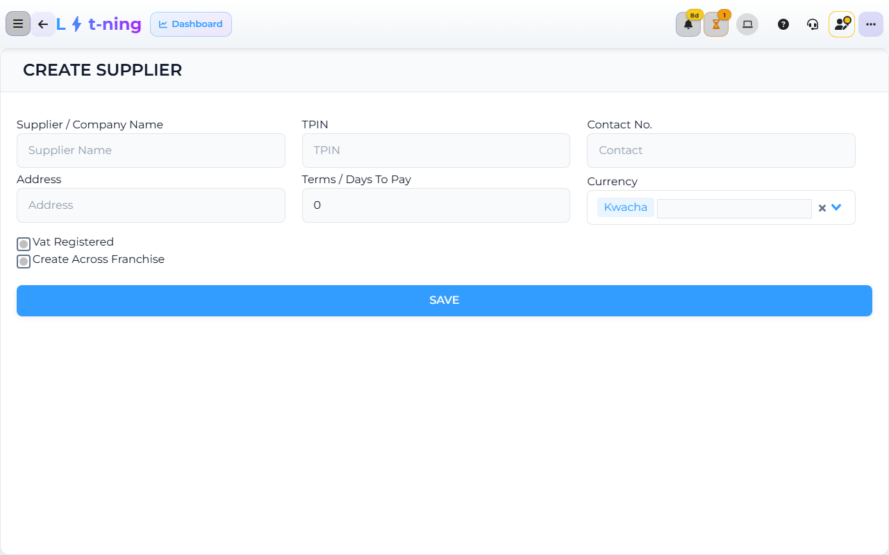 Core App Create Supplier form — where a new supplier is captured.