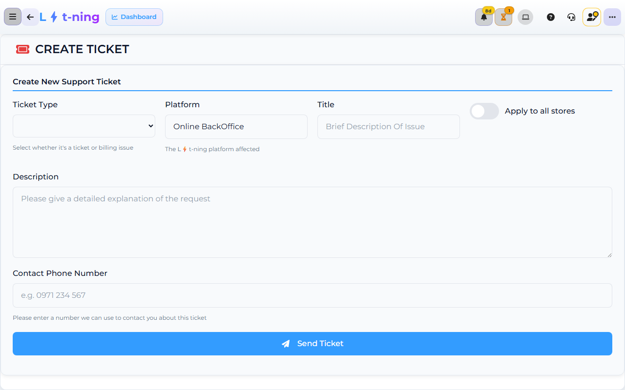 Core App Create Ticket form — where an issue is escalated to Support.