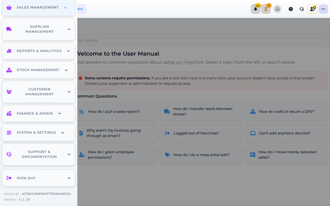 Core App User Manual screen — the in-app manual used while recovering from a problem.