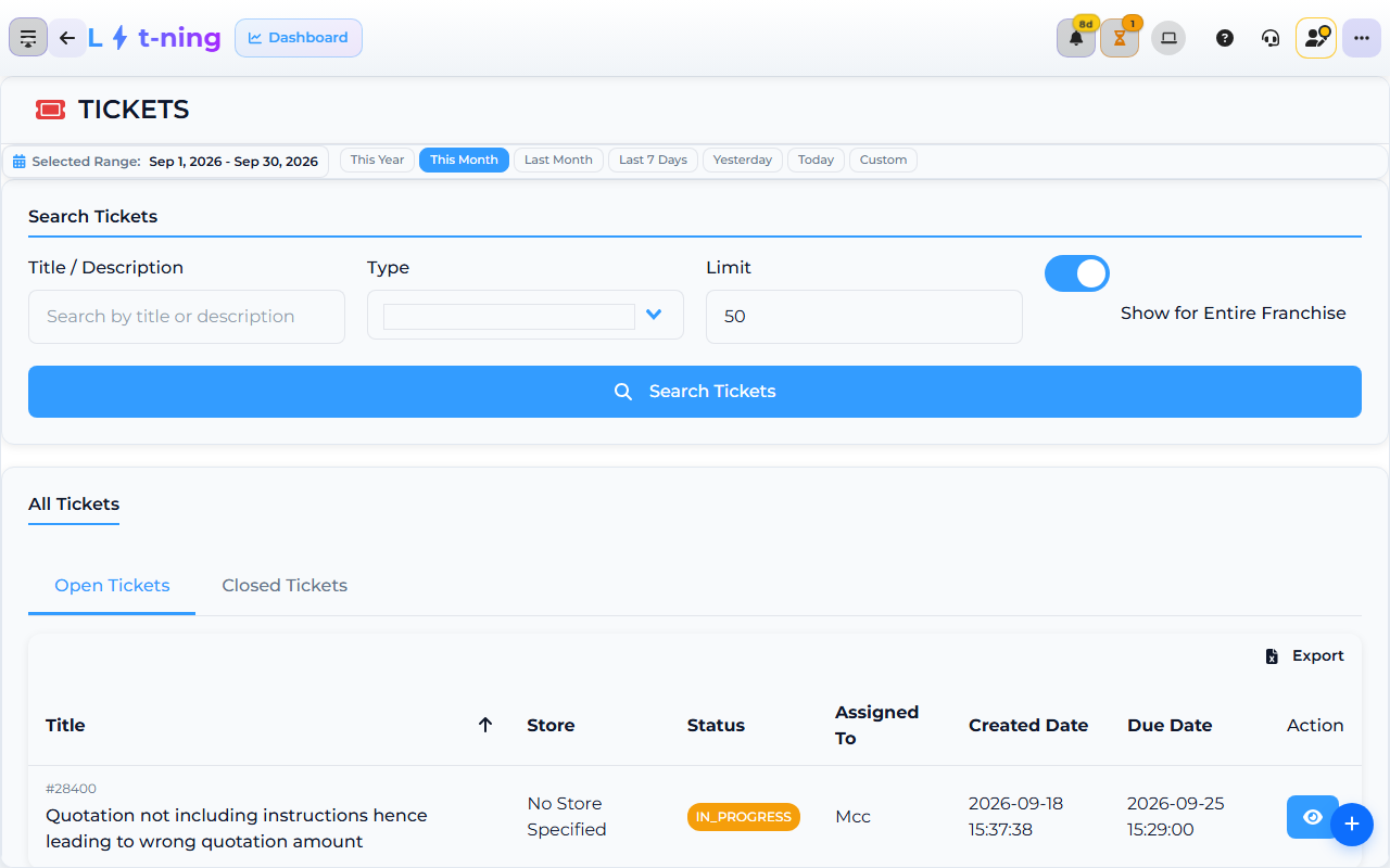 Core App Tickets screen — where raised issues and their error detail are listed.