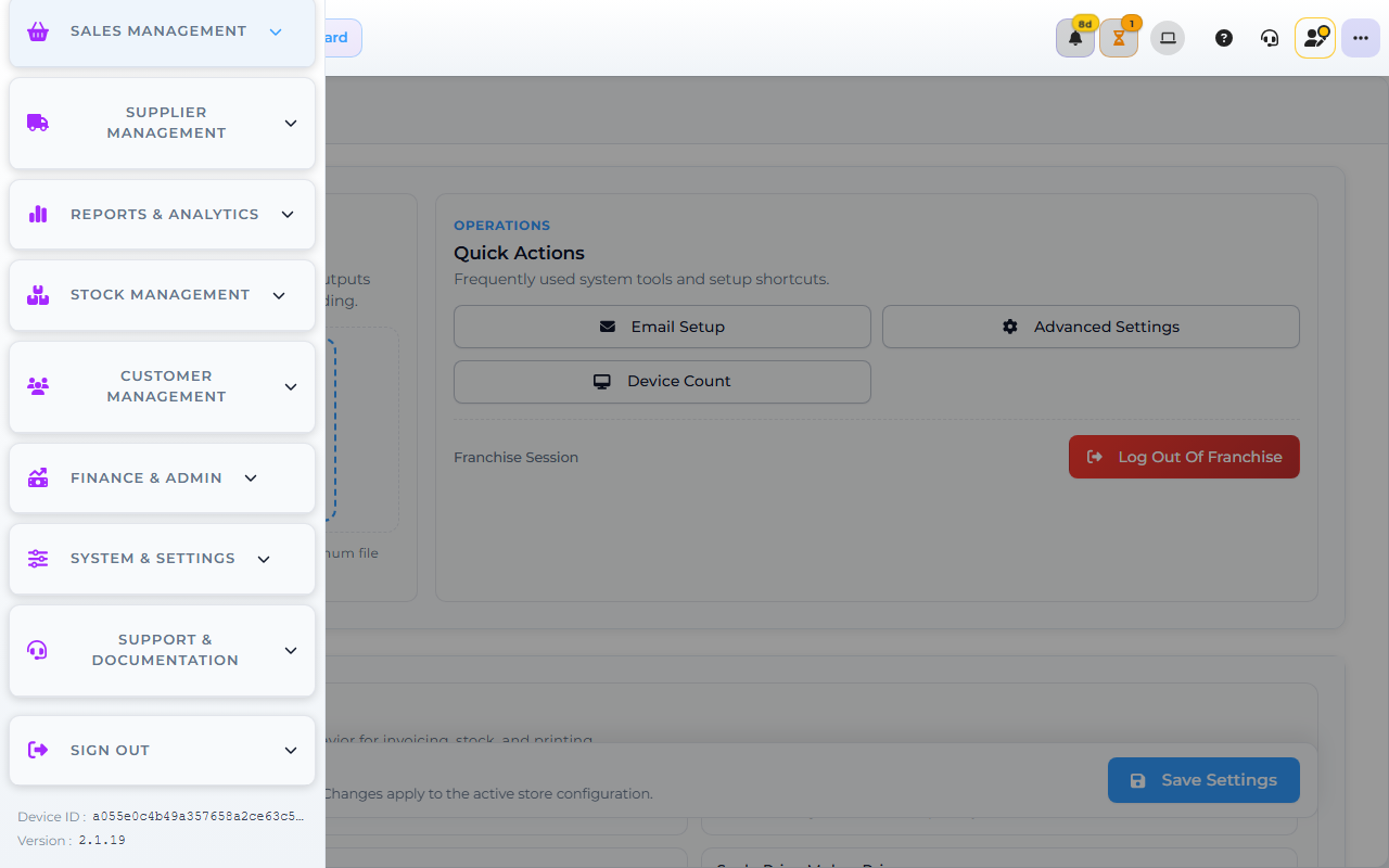 Core App System Settings screen — the administration entry point.