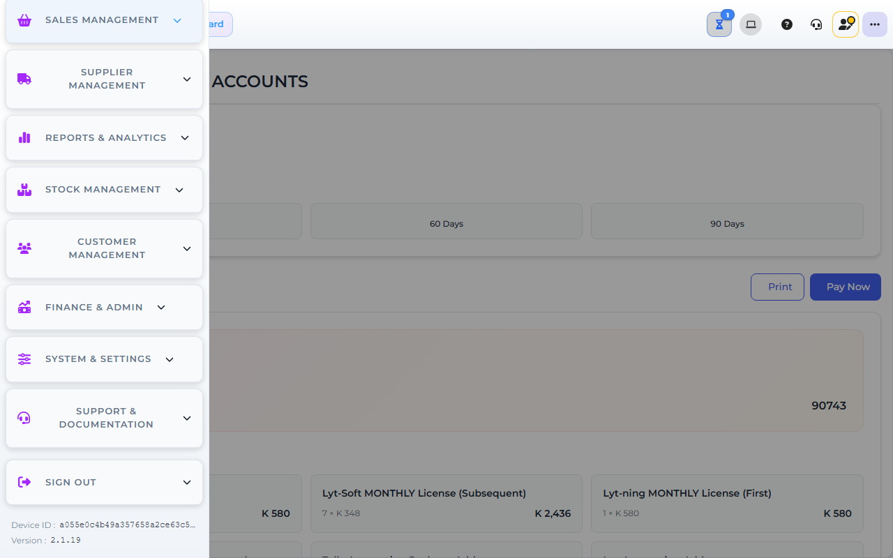 Core App Subscription & Accounts screen — the store licences and registered devices.