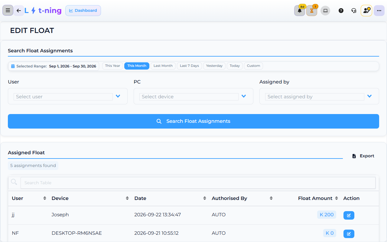Core App Edit Float screen — the start-of-shift step in the daily routine.