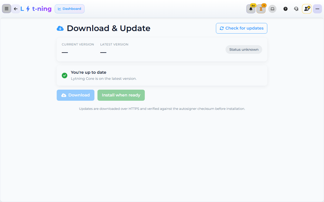 Core App Download & Update screen — where the installed app version is checked and updated.